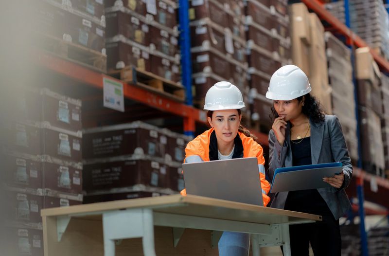 Teamwork in warehouse operations—Warehouse Manager and colleagues discussing FIFO stock arrangement on computer. Efficient supply chain planning, freight transportation, manufacturing logistics, and quality control in an industrial distribution facility for global business.
