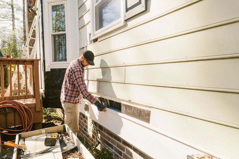 Construction worker repairing a colonial style house siding