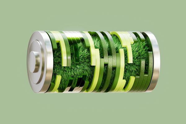 Cartoon battery character holding black gears, symbolizing energy powering machinery.