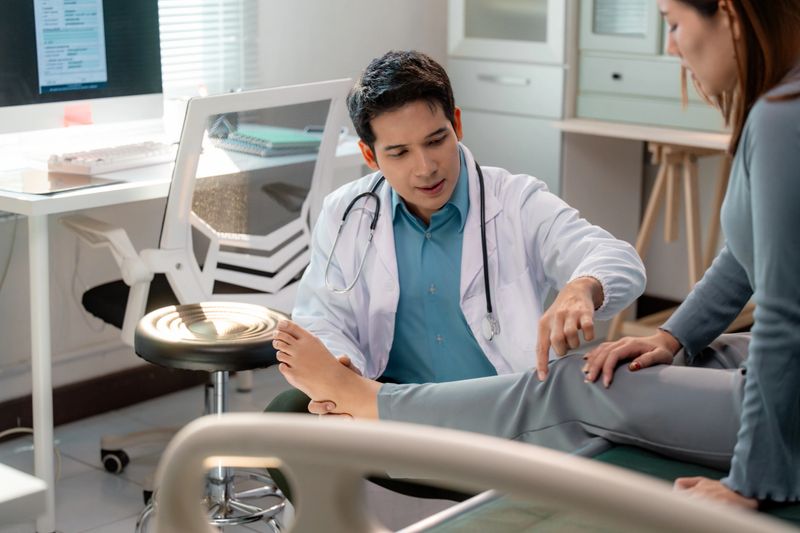 Asian doctor examining a female patient's leg in a medical office, discussing symptoms and offering medical advice while ensuring a supportive and trusting environment for recovery