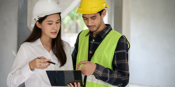 Two construction workers reviewing plans on a clipboard at a site.
