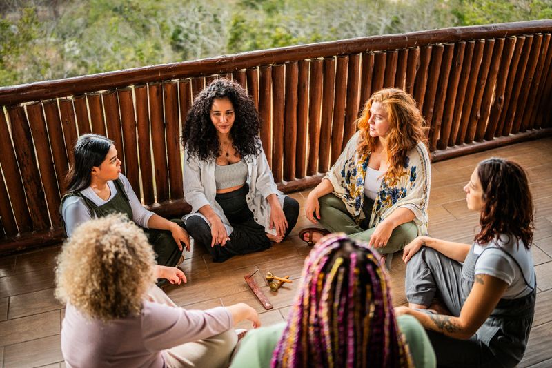 Mid adult woman talking to friends sitting on ground at tourist resort