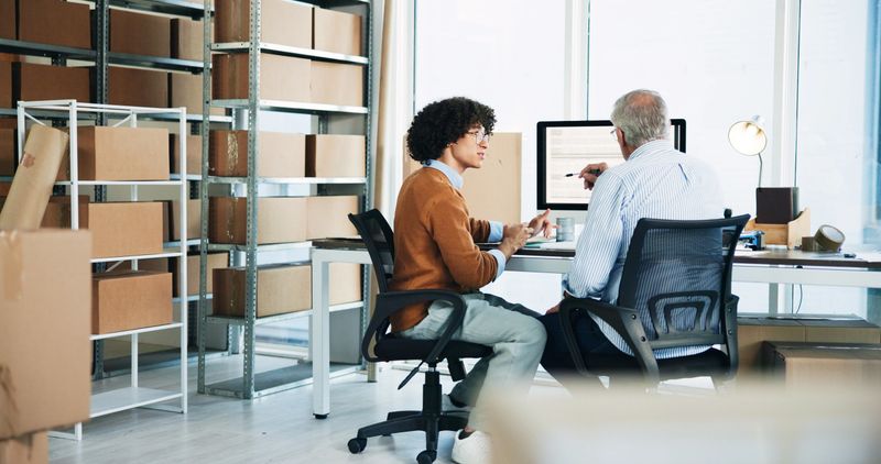 People, talking and computer for warehouse distribution of schedule planning, order info and logistics. Men, inventory and discussion for ecommerce delivery, product packaging and supply chain update