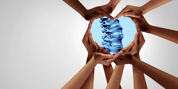 Diverse hands forming a heart around a blue spine model.