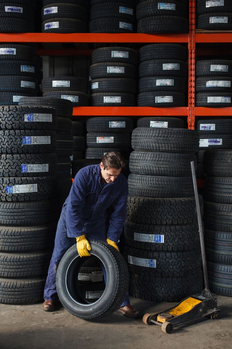 Mechanic holding a new car tire checking for quality to make a vehicle repair in an auto garage