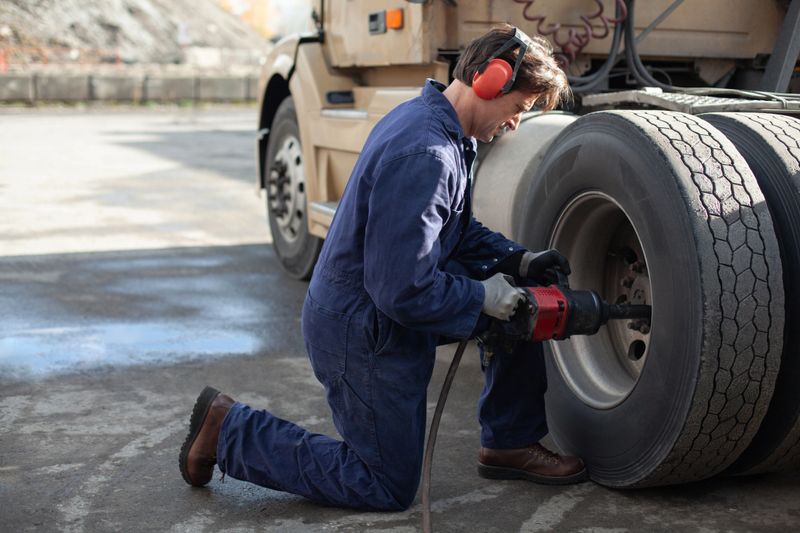 Mechanic using air compressor drill to bolt new tire to a truck vehicle for tire repair in an auto garage