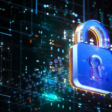 3D digital padlock symbolizing cybersecurity and data protection.