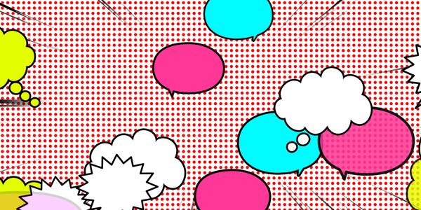 Colorful comic-style speech bubbles on a dotted red background.