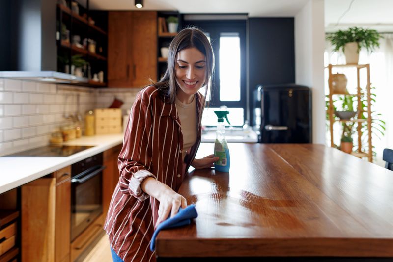 Young adult woman cleaning a wooden kitchen countertop with a cloth and spray in a modern space featuring wooden cabinets, a black refrigerator, and potted plants
