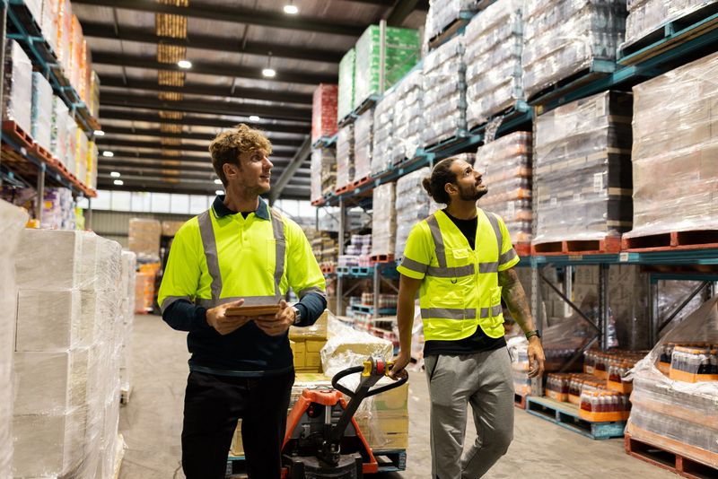 Two workers in high visibility uniforms organizing inventory in a large warehouse, showcasing collaboration and well-maintained supply chain management in an industrial storage setting filled with products on shelves.