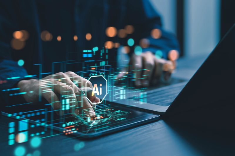 Humans are using laptops and computers to interact with AI, helping them create, code, train AI, or analyze big data with fast, cutting-edge  technology.