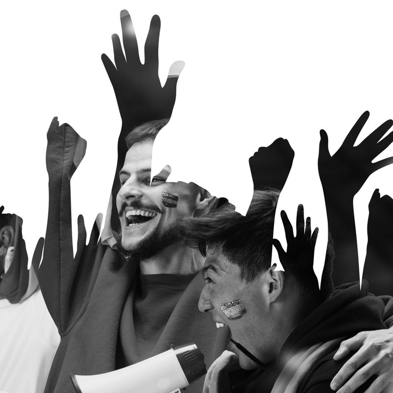 Close-up of smiling fans celebrating with raised hands, complemented by abstract hand overlays, symbolizing joy and team support. Creative monochrome collage. Concept of sport, championship, game