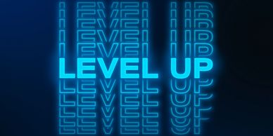 Glowing neon text saying "LEVEL UP" on dark background.
