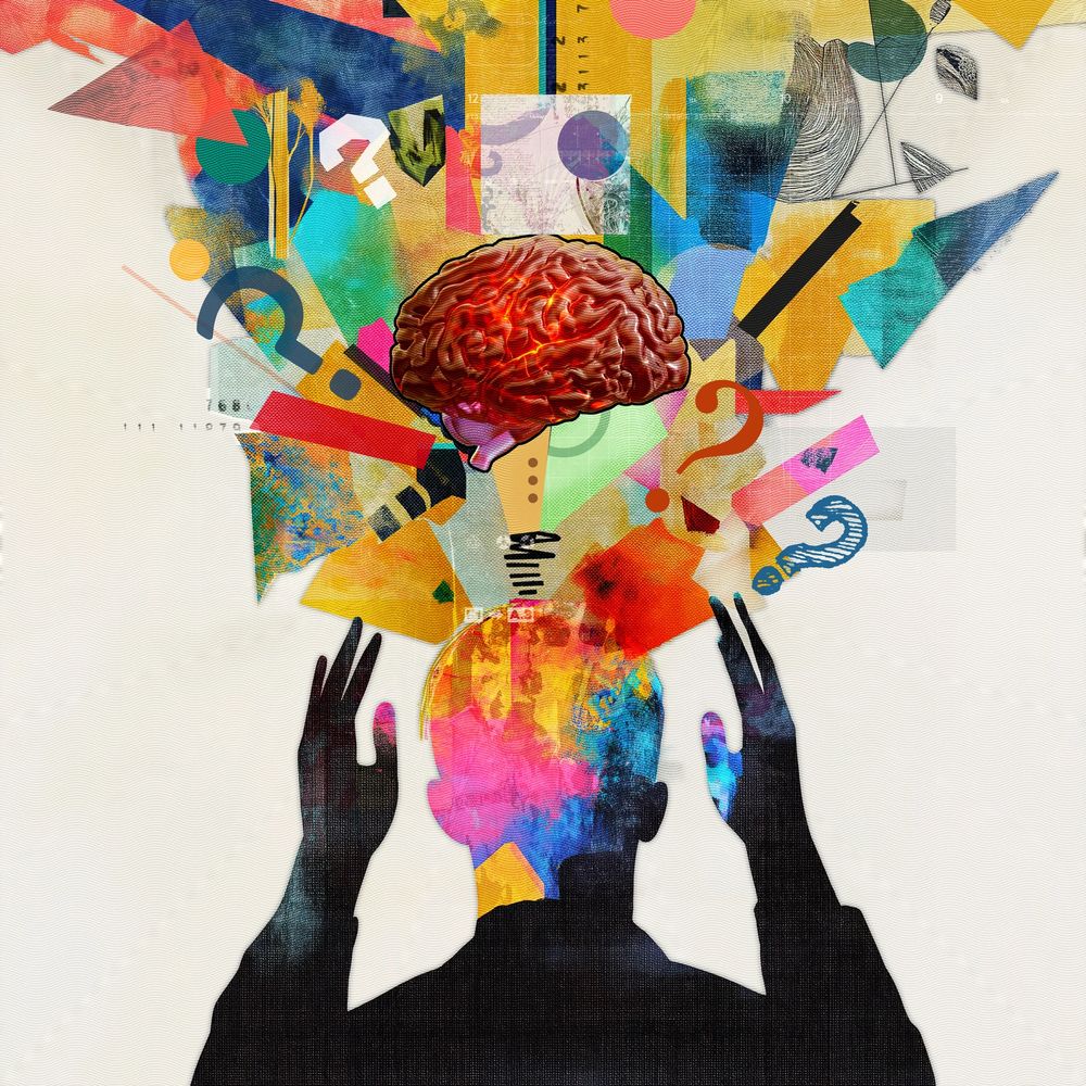 Silhouette with colorful brain-light bulb and question marks symbolizing creativity and ideas.