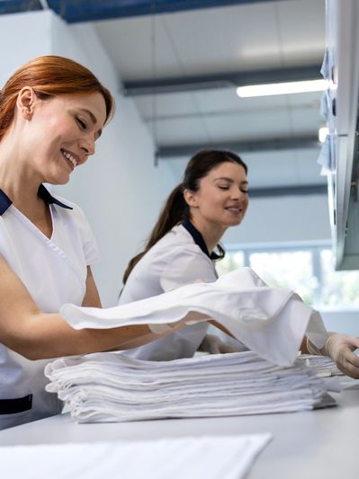 Two women folding white linens in a laundry or housekeeping setting.