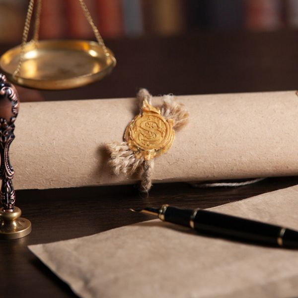 A sealed parchment with a wax stamp and a fountain pen.