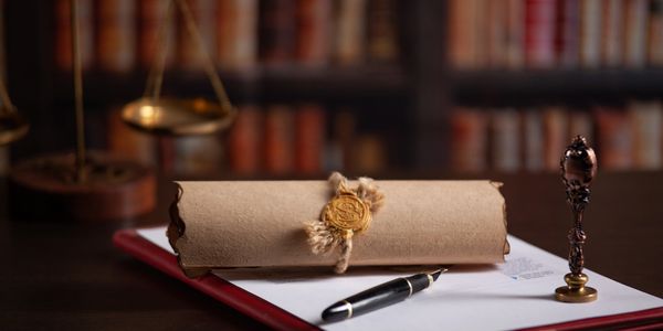 A sealed parchment scroll rests on legal documents with a pen and seal stamp nearby.