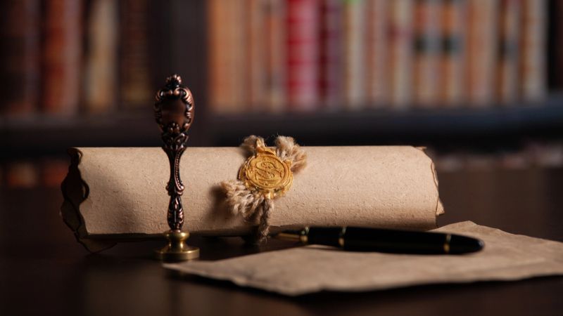 Notary's public pen and stamp on a contract.