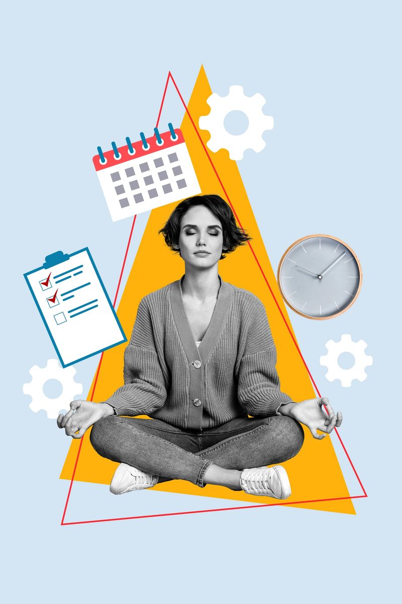 Composite photo collage of black white silhouette calm lady sit lotus pose check list calendar clock deadline work multitask overloaded.