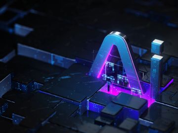 Glowing AI symbol integrated into a futuristic circuit board design.