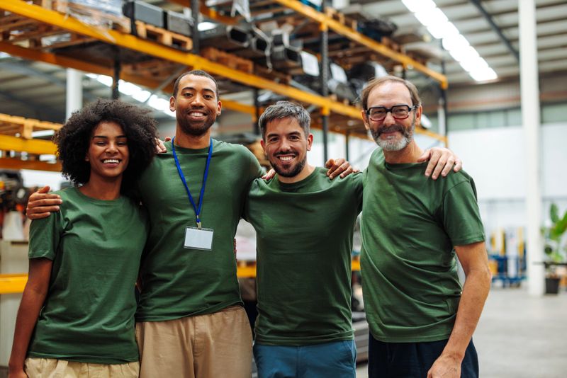 Four diverse warehouse workers smiling and embracing in casual attire, highlighting teamwork and camaraderie in an industrial setting