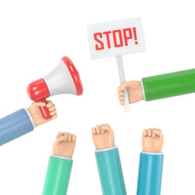 Cartoon hands holding a megaphone, a STOP sign, and raised fists in protest.