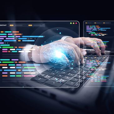 Hands typing on a laptop with digital code and AI neural network overlay.