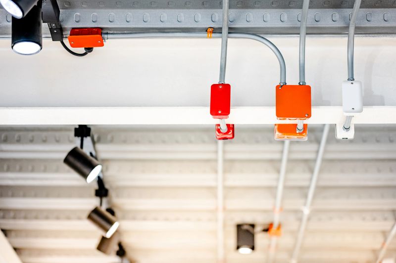 Electrical cable conduit with colorful junction box for the electric wiring system with exhibition lamp on metallic ceiling in modern building. Pipe and fitting equipment for power and lighting system