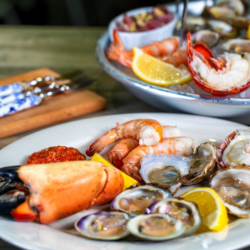 Crab claw, clams, shrimp, lobster tail