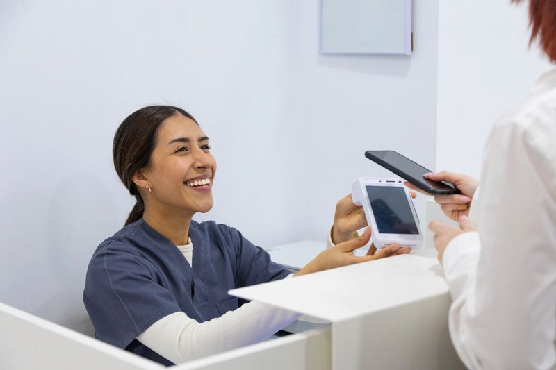 Cheerful nurse processes a contactless payment from a patient at a modern hospital reception desk, using a smartphone and payment terminal