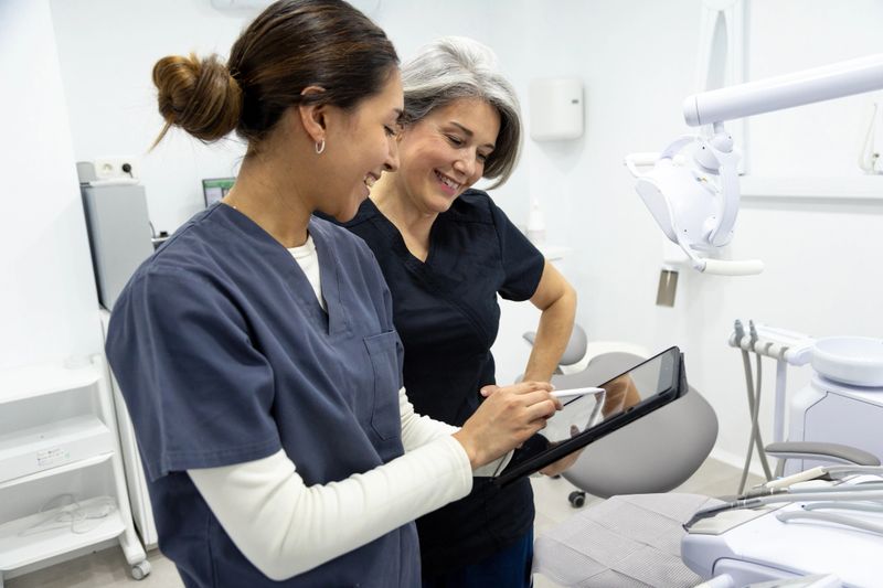 Dentist and assistant smiling while using a digital tablet in a modern dental clinic, showcasing their expertise in patient care and communication