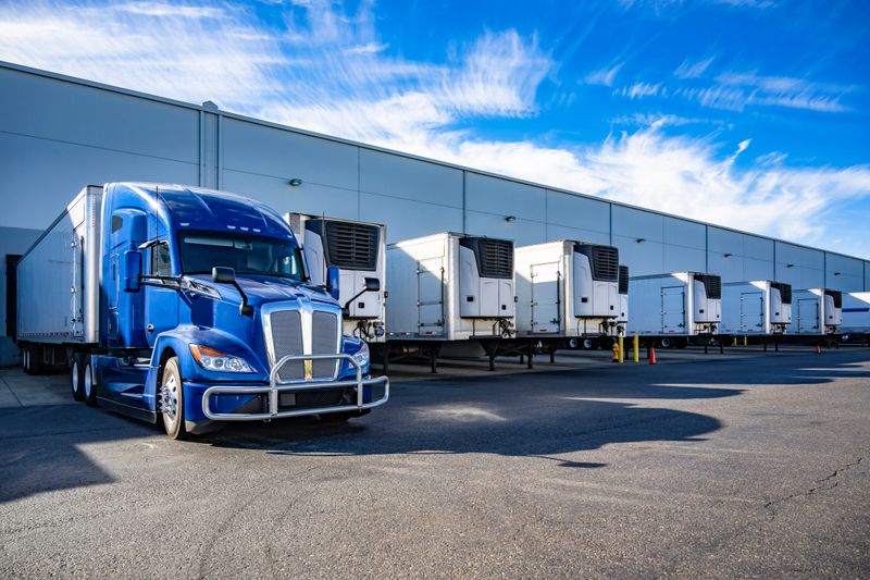 Blue big rig semi truck with extended cab for truck driver rest and refrigerator semi trailer standing in row with another semi trailers in warehouse dock gates loading cargo for next freight