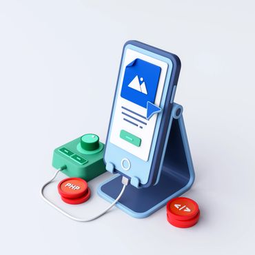 3D illustration of a smartphone on a stand with coding buttons around it.