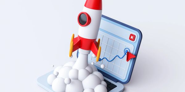 3D rocket launching from laptop symbolizing startup growth.