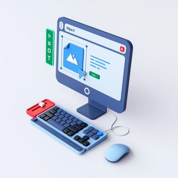 3D illustration of a desktop with a website editor on screen and a blue keyboard and mouse.