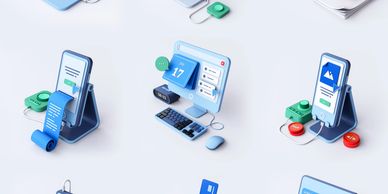 3D illustrations of laptops and devices showing various tech and data concepts.