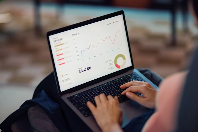 Focused individual reviewing graphical business insights and report summaries on a modern laptop screen, depicting financial data trends and professional analysis in a well-lit environment.