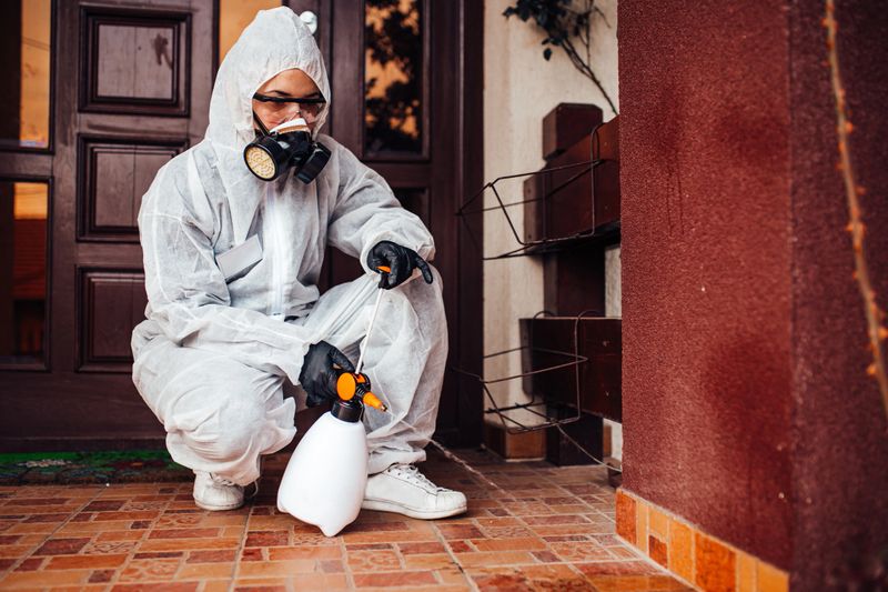 Professional worker in protective workwear reading checklist about house disinfection plan.