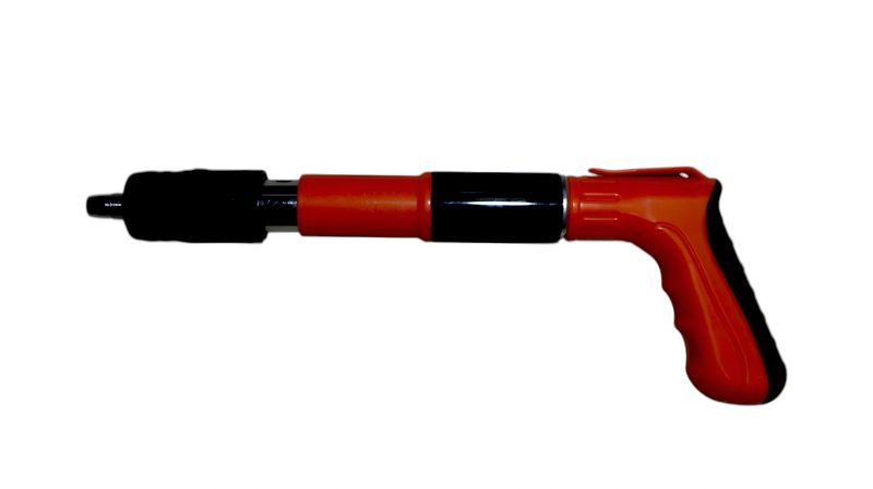 A high-pressure cleaning tool featuring a vibrant orange body accented with black components. The device is isolated against a clean background, emphasizing its design and construction, suitable for gardening, construction, or automotive detailing projects.
