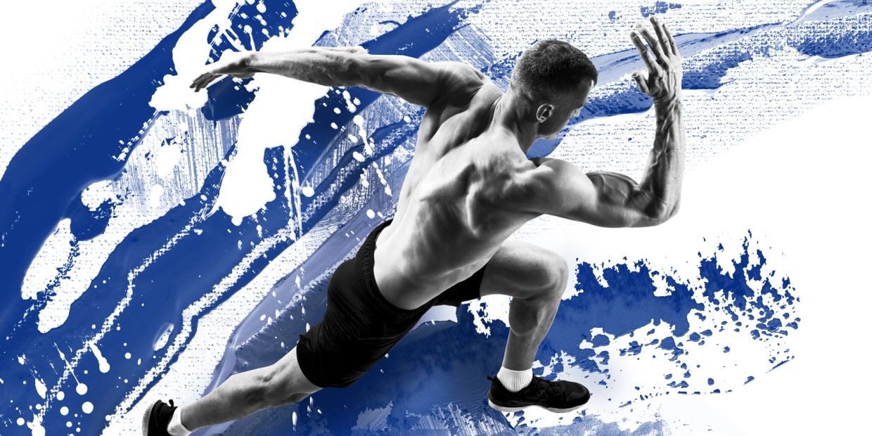 Athlete sprinting dynamically against a blue and white abstract background.