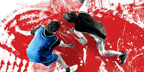 Two basketball players in action with a red artistic background.