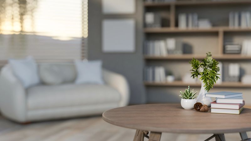 A close-up of a round wooden coffee table with decorative items on top, set in a contemporary living room. 3d render, 3d illustration