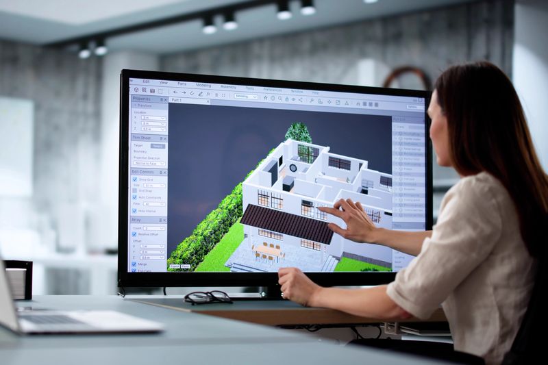 Female architect using 3D software to remodel estate floor plan.