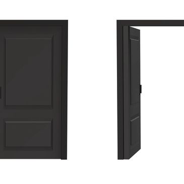 Black double doors shown closed and open.