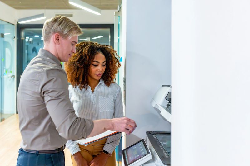 Two coworkers are using a modern multifunction printer in a coworking office, collaborating on a printing task