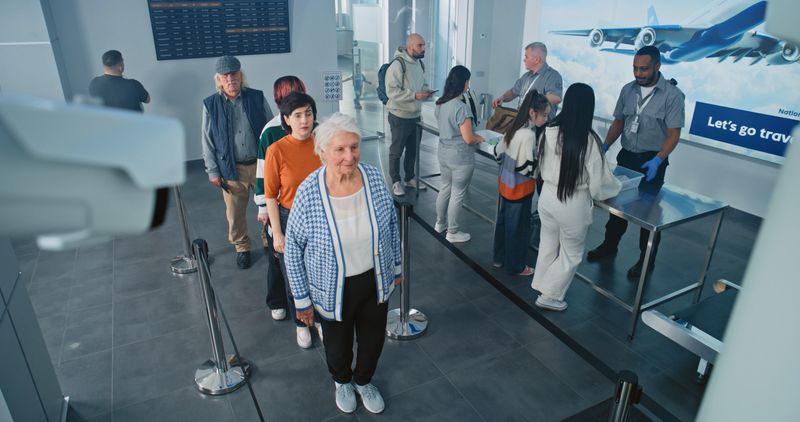 Security Checkpoint in Airport Terminal: Queue of Diverse People, Tourists on TSA Screening Procedures for Plane Flight. Security Officers Checking Passengers. Rack Focus on CCTV Camera. High Angle.