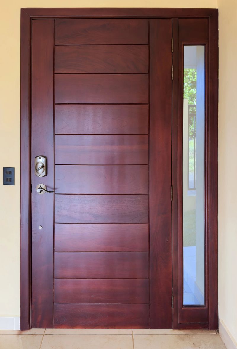 Beautifully crafted wooden door features sleek design with glass panel, enhancing modern aesthetic of entryway.