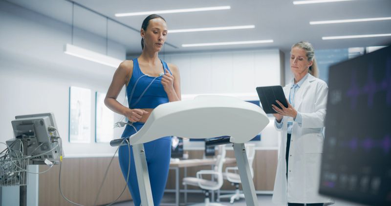 Female Athlete Performs a Cardiopulmonary Exercise Test on a Treadmill in a Modern Medical Lab, Monitored by a Healthcare Professional Using Advanced Equipment for Research and Healthcare Analysis