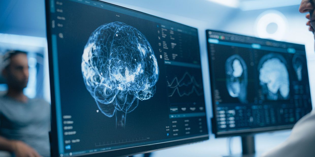 Medical professionals analyzing brain scans on computer monitors.