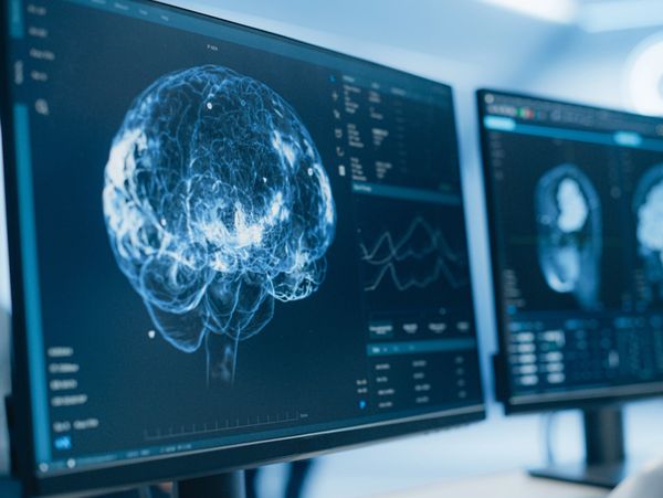 Doctor analyzing 3D brain scans on computer monitors in a medical setting.